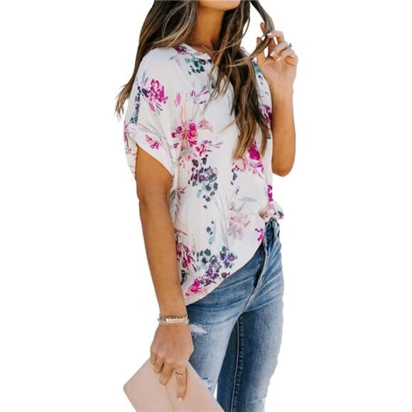 Women Summer Casual Split V Neckline Chiffon Blouses Loose TunicShort SleeveTops - Picture 4 of 6